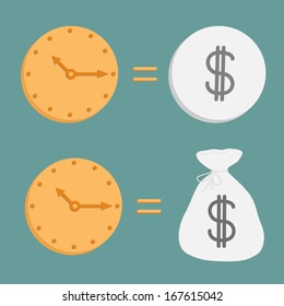 Clock and dollar coin and bag. Icons. Time is money. Vector illustration.