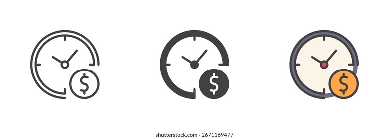 Reloj con la moneda del dólar diverso conjunto de iconos del estilo. Línea, glifo y contorno relleno versión colorida, contorno y signo de Vector sólido. Símbolo del concepto del tiempo y del dinero, paquete del Vector.