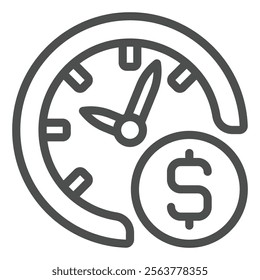 Clock with dollar coin line icon, finance concept. Vector graphics. Time is money sign on white background, outline style icon for mobile or web design
