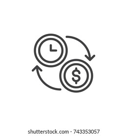 Clock and dollar coin line icon, outline vector sign, linear style pictogram isolated on white. Time is money symbol, logo illustration. Editable stroke