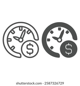 Clock with dollar coin line and solid icon, finance concept. Vector graphics. Time is money sign on white background, outline style icon for mobile or web design