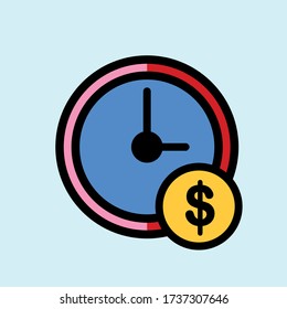 Clock with dollar flat vector icon in red, yellow and blue color