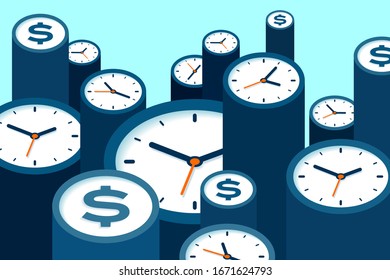 Clock and dollar icons in flat style, timers and money sign on blue background. Time management. More watch. Business vector illustration for you presentation
