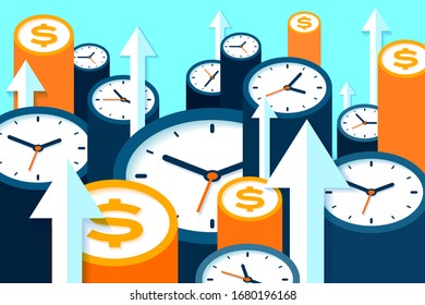 Clock and dollar icons in flat style, timers and money sign on color background. Arrows up. Time management. Business vector illustration for you presentation
