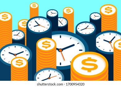 Clock and dollar icons in flat style, timers and money sign on color background. Time management. More watch and coin. Business vector illustration for you presentation