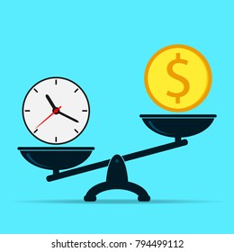 Reloj y dólar en escalas, desbalance. El tiempo es concepto de dinero. Diseño plano de ilustración vectorial.