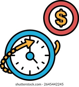Um relógio com um cifrão no fundo. O relógio está mostrando o horário como 10:00