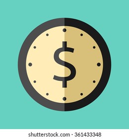 Clock with dollar sign and golden dial. Flat style icon on turquoise blue background. Time is money concept. EPS 8 vector illustration, no transparency
