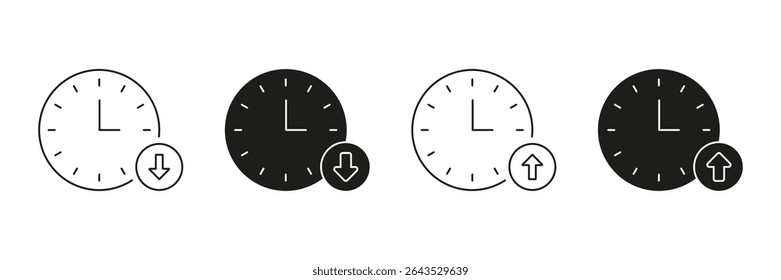 Clock With Up And Down Arrows Line And Solid Icon Set. Time Management, Scheduling, And Priority Adjustment Symbol Collection. Efficiency And Productivity Enhancement. Isolated Vector Illustration.