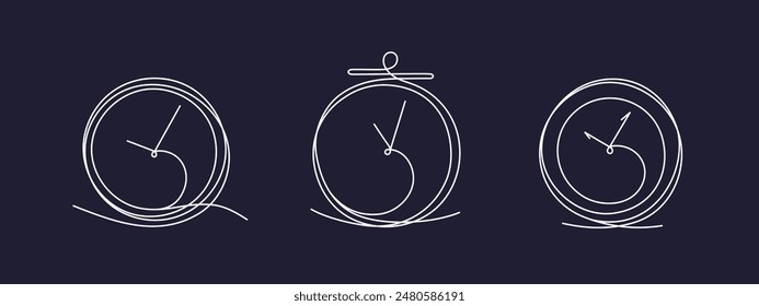 Colección dibujada por reloj. Símbolo continuo de una línea. Esbozo del contorno del cronómetro. Tema del tiempo, fecha límite, mañana, hora de trabajar. Guardar su diseño de tiempo. Trazo editable