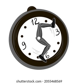 A clock is drawn, legs run instead of arrows. The clock is painted in black and gray. Stock vector illustration isolated on a white background.