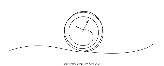 Clock drawn symbol. One line continuous icon. Chronometer outline sketch. Theme of time, deadline, morning, time to work isolated on white background. Save your time concept. Editable stroke