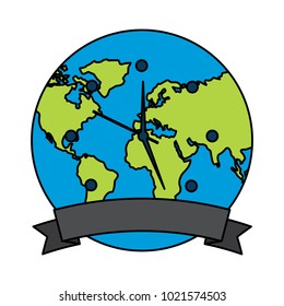 clock with earth planet globe with banner