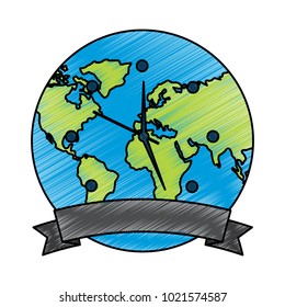 clock with earth planet globe with banner