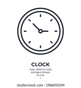 Clock editable stroke outline icon isolated on white background flat vector illustration. Pixel perfect. 64 x 64.