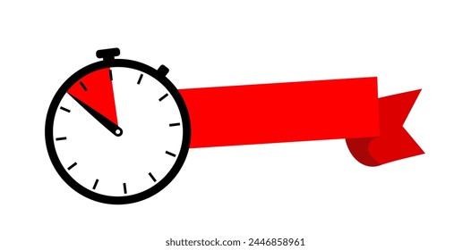clock with empty red ribbon, stopwatch, last chance, running out of time vector illustration	