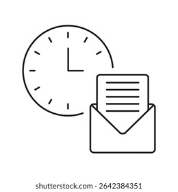 Clock With Envelope Line Icon. Scheduled Email, Time Management, And Communication Planning Outline Symbol. Efficient Workflow And Productivity. Editable Stroke. Isolated Vector Illustration.