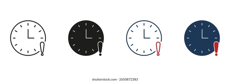 Clock With Exclamation Mark Line And Solid Icon Set. Urgency, Deadline, And Time Management Alert Symbol Collection. Reminder And Notification Concept. Isolated Vector Illustration.