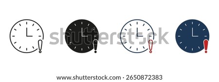 Clock With Exclamation Mark Line And Solid Icon Set. Urgency, Deadline, And Time Management Alert Symbol Collection. Reminder And Notification Concept. Isolated Vector Illustration.