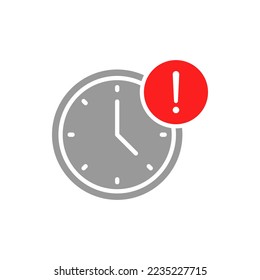 Clock with an exclamation mark. Time error notification. Delay flat icon isolated on white background. Vector illustration