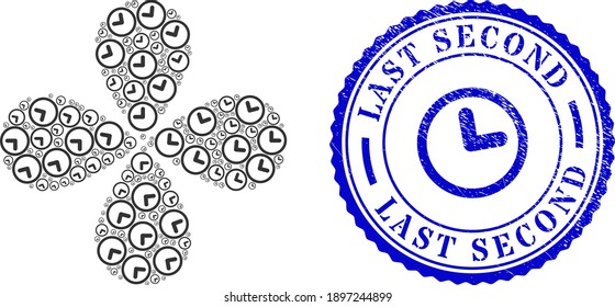 Clock exploding flower with four petals, and blue round LAST SECOND rubber badge with icon inside. Element flower with 4 petals combined from oriented clock symbols.