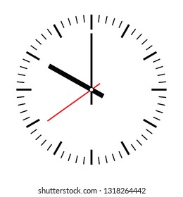 Clock face. Blank hour dial with hour, minute and second hand. Dashes mark minutes and hours. Simple flat vector illustration.