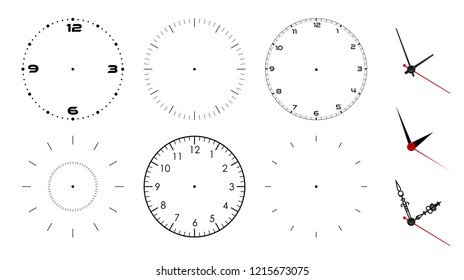 Clock face blank isolated on white background. Vector clock hands. Set for watch design.