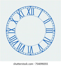 Clock face. Blank round clock with roman numerals. On lined paper background. Vector illustration