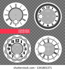 Clock face blank set isolated on transparent background. Vector watch design. Vintage roman numeral clock illustration. Black number round scale on white circle