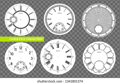 Clock face blank set isolated on transparent background. Vector watch design. Vintage roman numeral clock illustration. Black number round scale on white circle