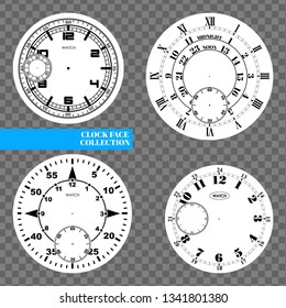 Clock face blank set isolated on transparent background. Vector watch design. Vintage roman numeral clock illustration. Black number round scale on white circle
