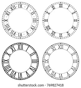 Clock face. Blank white clock with roman numerals on black background.  Collection. Vector illustration