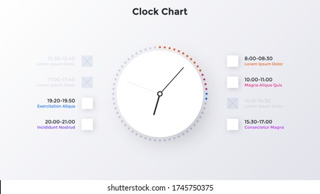 Clock face chart with check list. Concept of timetable, schedule for time management, appointment planning, organization of daily activities. Simple infographic design template. Vector illustration.