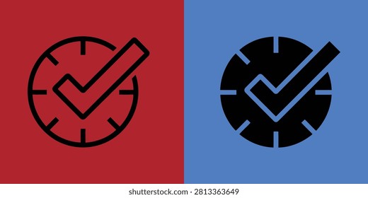 Clock face with checkmark symbol in outline and solid black styles on red and blue split background panels