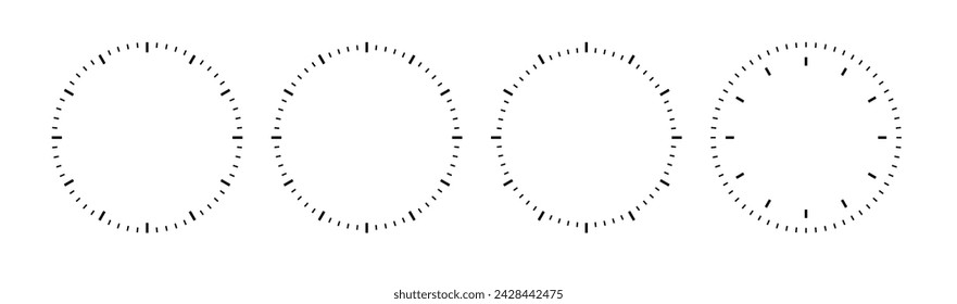 Clock face circle. Speedometer or chrono meter dot marked time scale.