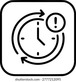 Clock face with circular arrow and exclamation mark for time delay
