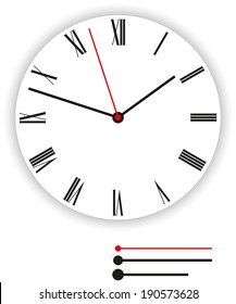 Clock Face Classic - Illustration of a classic clock face (dial) as part of an analog clock (watch) with black and red pointers. Isolated vector on white background.