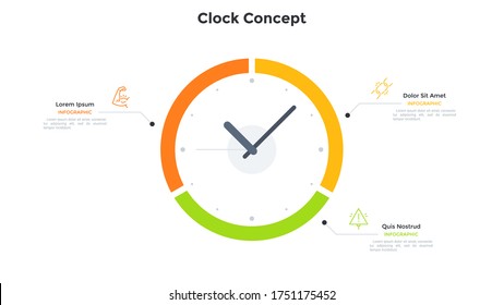 Clock face diagram divided into 3 parts. Concept of three features of time organization, effective business planning. Simple infographic design template. Modern vector illustration for presentation.