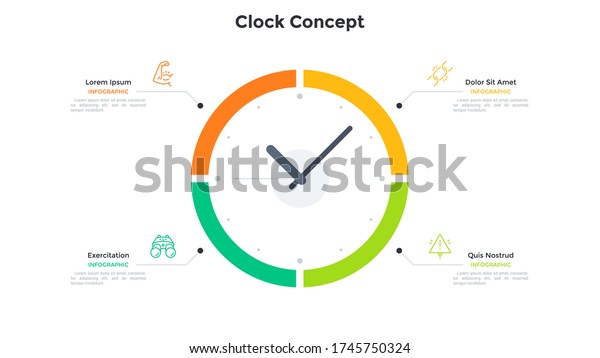 Clock face diagram divided into 4 parts.
Concept of four features of time organization, effective business
planning. Simple infographic design template. Modern vector
illustration for
presentation.