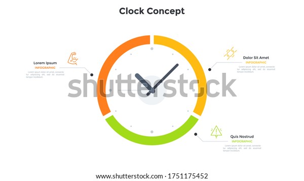 Clock face diagram divided into 3 parts.
Concept of three features of time organization, effective business
planning. Simple infographic design template. Modern vector
illustration for
presentation.