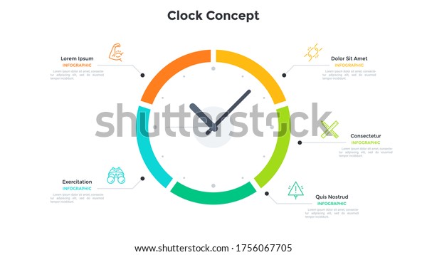 Clock face diagram divided into 5 parts.
Concept of five features of time organization, effective business
planning. Simple infographic design template. Modern vector
illustration for
presentation.