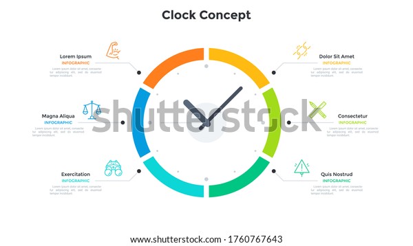 Clock face diagram divided into 6 parts.
Concept of six features of time organization, effective business
planning. Simple infographic design template. Modern vector
illustration for
presentation.