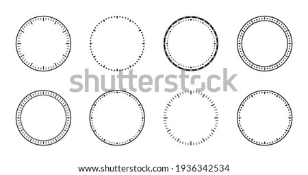 Clock face. Dial of watch. Circles of clock faces for time. Simple graphic icon isolated on white background. Design of outline of watch for wall. Modern blank timer. Silhouette of stopwatch. Vector.