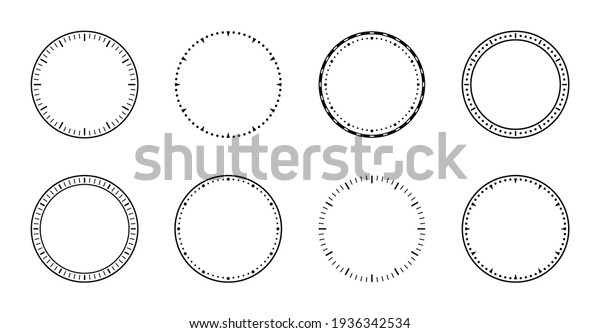 Clock face. Dial of watch. Circles of clock faces\
for time. Simple graphic icon isolated on white background. Design\
of outline of watch for wall. Modern blank timer. Silhouette of\
stopwatch. Vector.