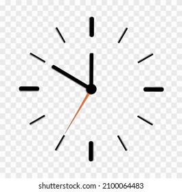 Clock face. Dial watch isolated on transparent background. Outline graphic timer. Simple roman round clock on wall. modern icon with hour, minute and second arrow. Concept of countdown time. Vector.