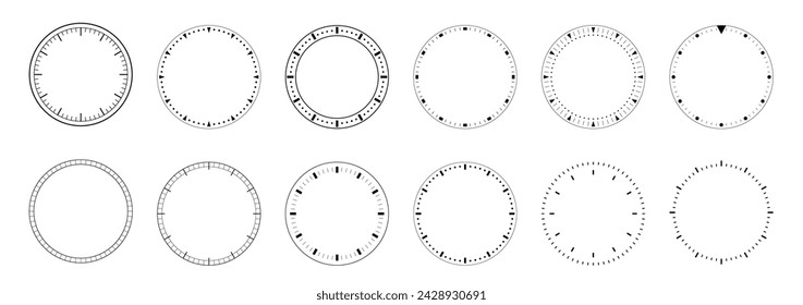 Clock face dials template set. Blank Measuring Circle Scale isolated. Mechanical, Classic template clock set