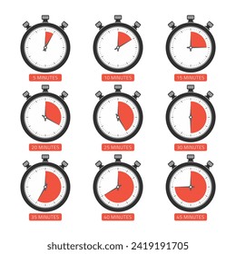 Clock face with different time. The timer icons set on 5, 10, 15, 20, 25, 30, 35, 40 and 45 minutes. Time concept. Can be used for infographic. Vector illustration EPS 10.
