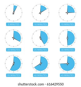 Clock face with different time. The timer icons set on 5, 10, 15, 20, 25, 30, 35, 40 and 45 minutes. Time concept. Can be used for infographic. Vector illustration EPS 10.