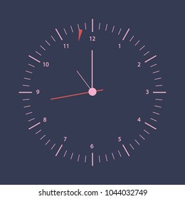 clock face with divisions, markings, with red arrows, on a dark background