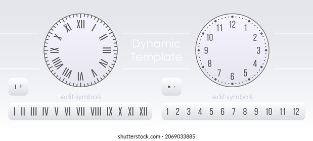 Clock face dynamic template in two different layouts. Circular repetition of editable symbols 